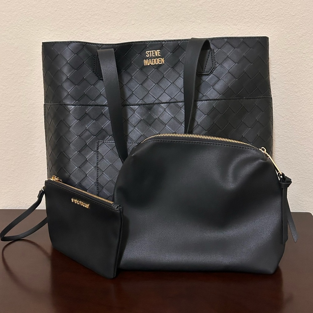 Large, black Steve Madden Bnellie Woven Tote w/ makeup bag and wristlet.